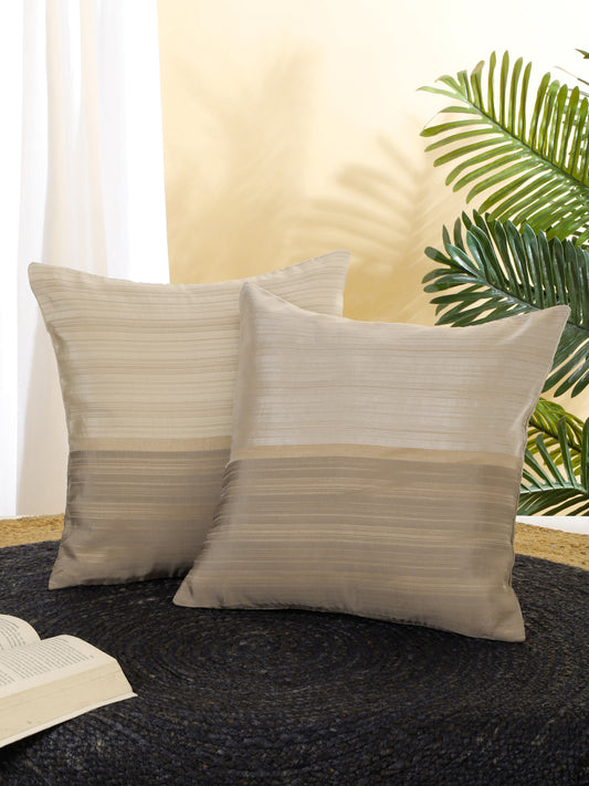 Brown Striped Square  Polyester Cushion Covers, Set Of 2 (16"X16" Inches)